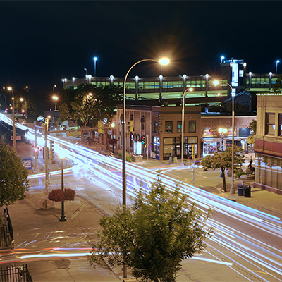 Time lapsed photo of downtown Sioux Falls traffic